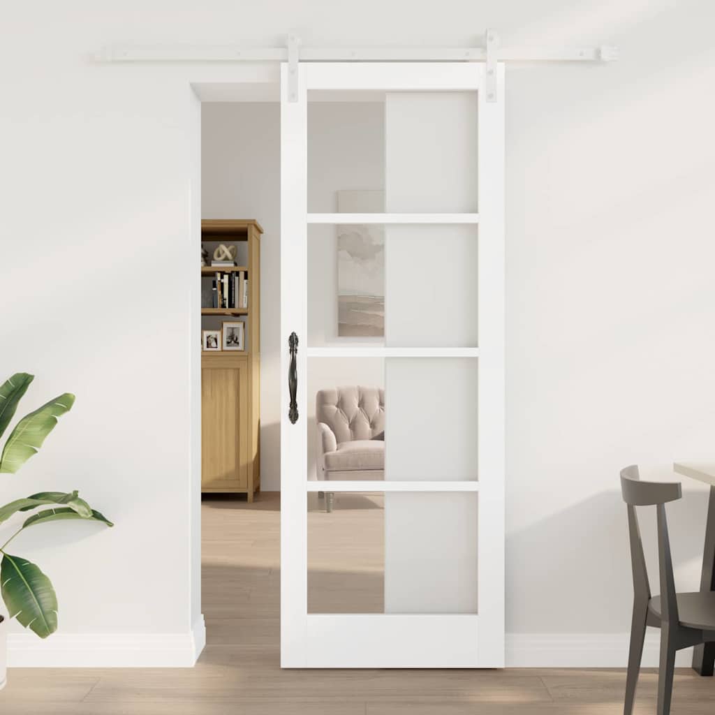 Skyde Dør med Hardware Sæt 'ORKDAL'Hvid Massiv Træ & Glas, vidaXL Indvendig Dør med Glas 'ORKDAL'Hvid 78x211x4 cm