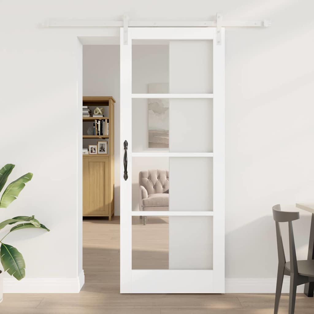 Glidende Dør med Hardware Sæt 'ORKDAL'Hvid Massivt Træ & Glas, vidaXL Indvendig Dør med Glas 'ORKDAL'Hvid 83x211x4 cm