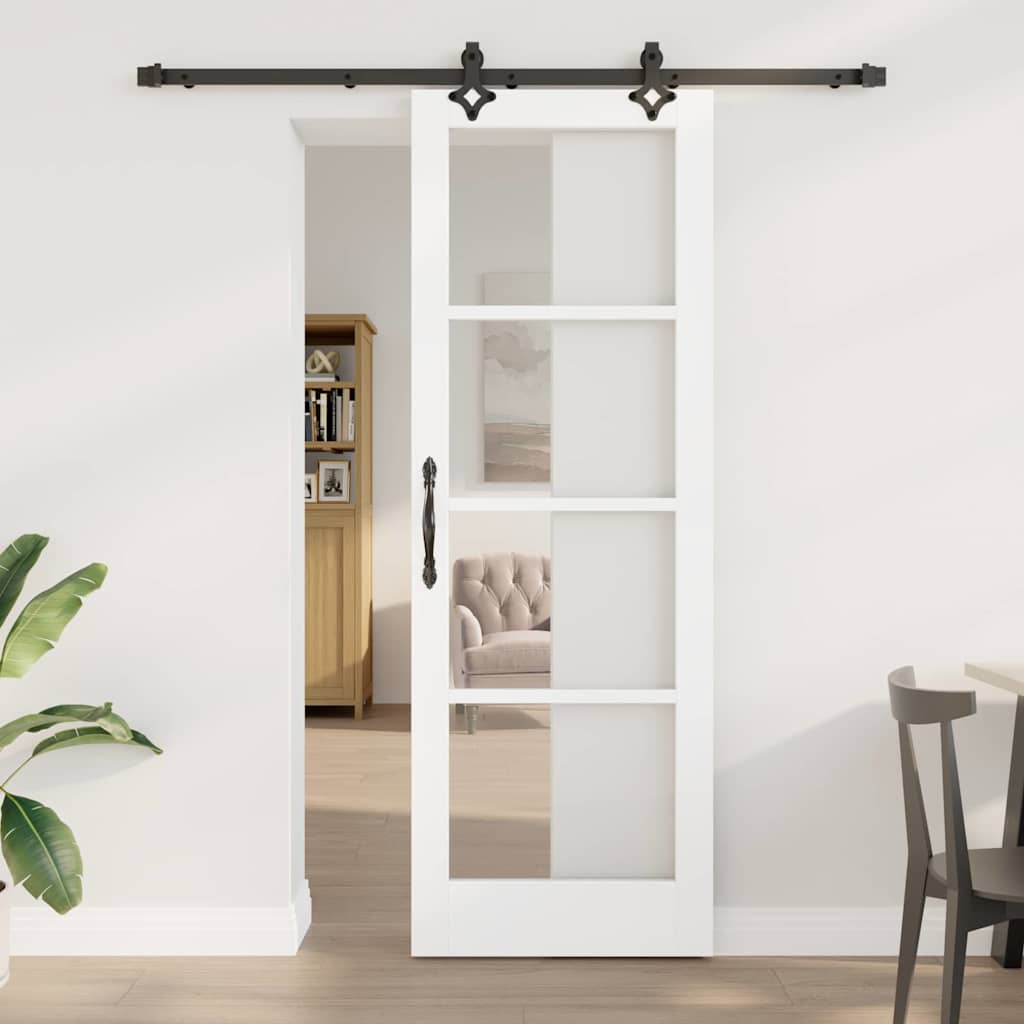 Skyde Dør med Hardware Sæt 'ORKDAL'Hvid Massiv Træ & Glas, vidaXL Indvendig Dør med Glas 'ORKDAL'Hvid 73.5x211x4 cm