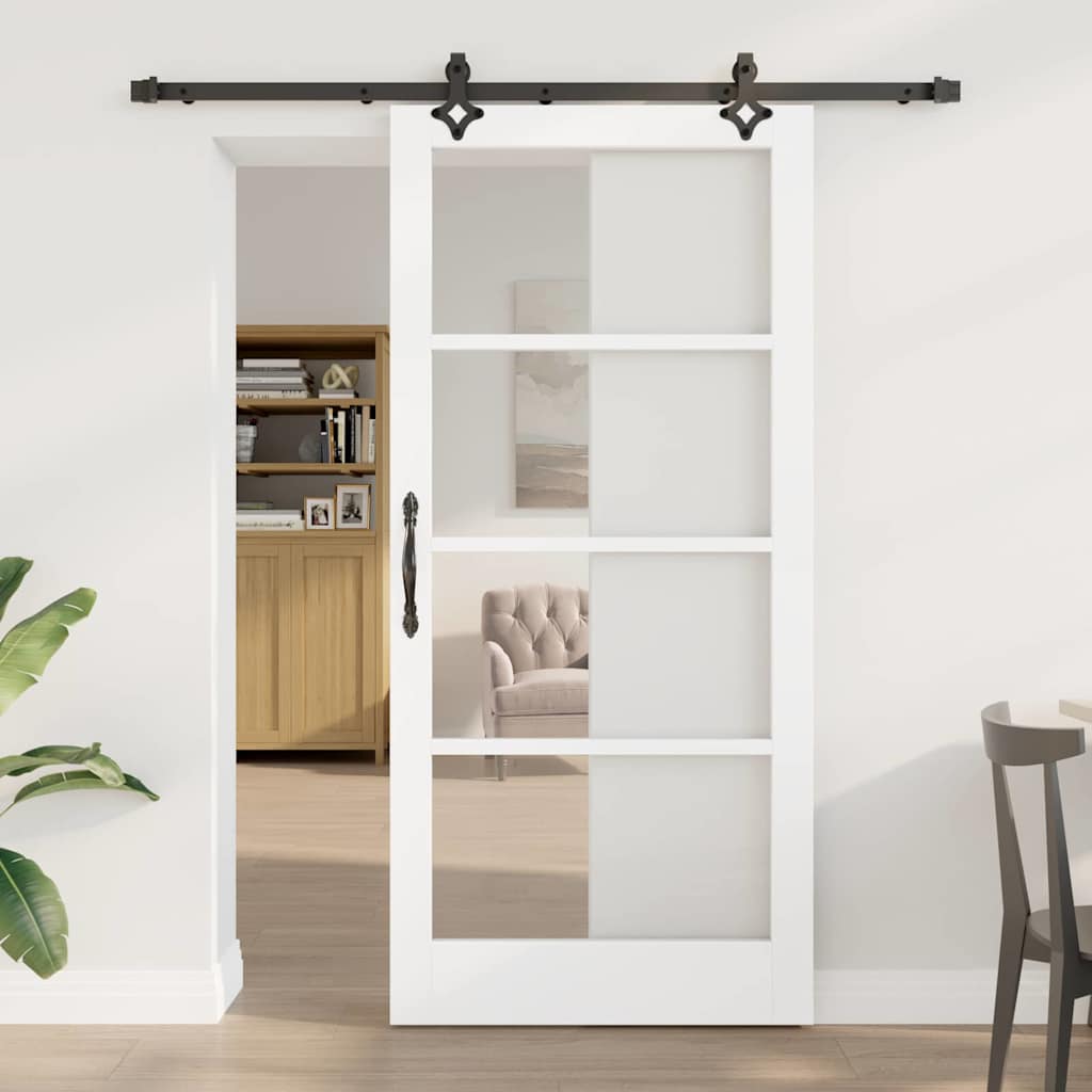Skydedør med Hardware Sæt 'ORKDAL'Hvid Massiv Træ & Glas, vidaXL Indvendig Dør med Glas 'ORKDAL'Hvid 93x202x4 cm