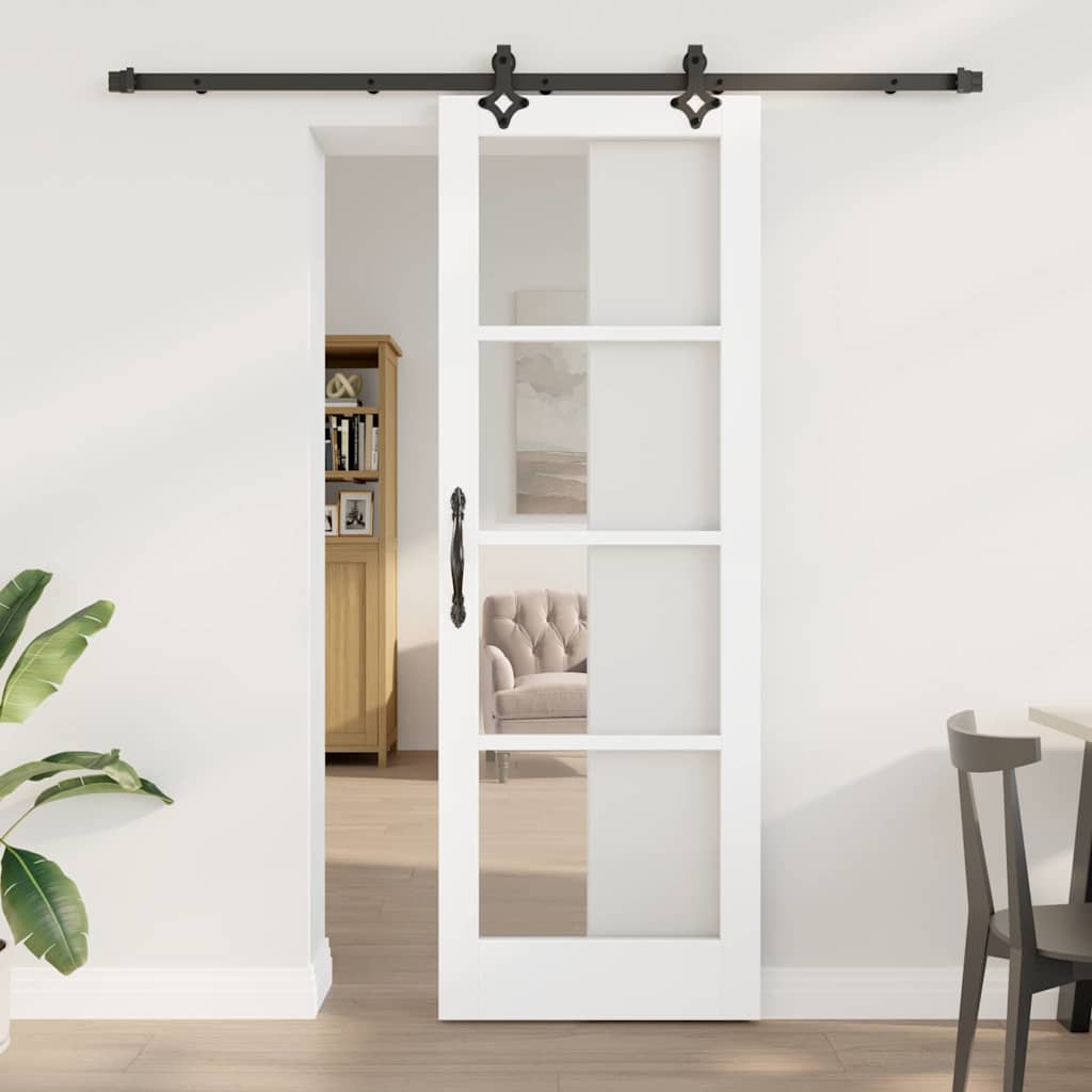 Glidende Dør med Hardware Sæt 'ORKDAL'Hvid Massivt Træ & Glas, vidaXL Indvendig Dør med Glas 'ORKDAL'Hvid 73.5x211x4 cm
