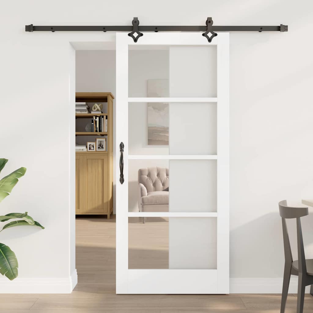 Glidende Dør med Hardware Sæt 'ORKDAL'Hvid Solid Træ & Glas, vidaXL Indvendig Dør med Glas 'ORKDAL'Hvid 86x198,5x4 cm