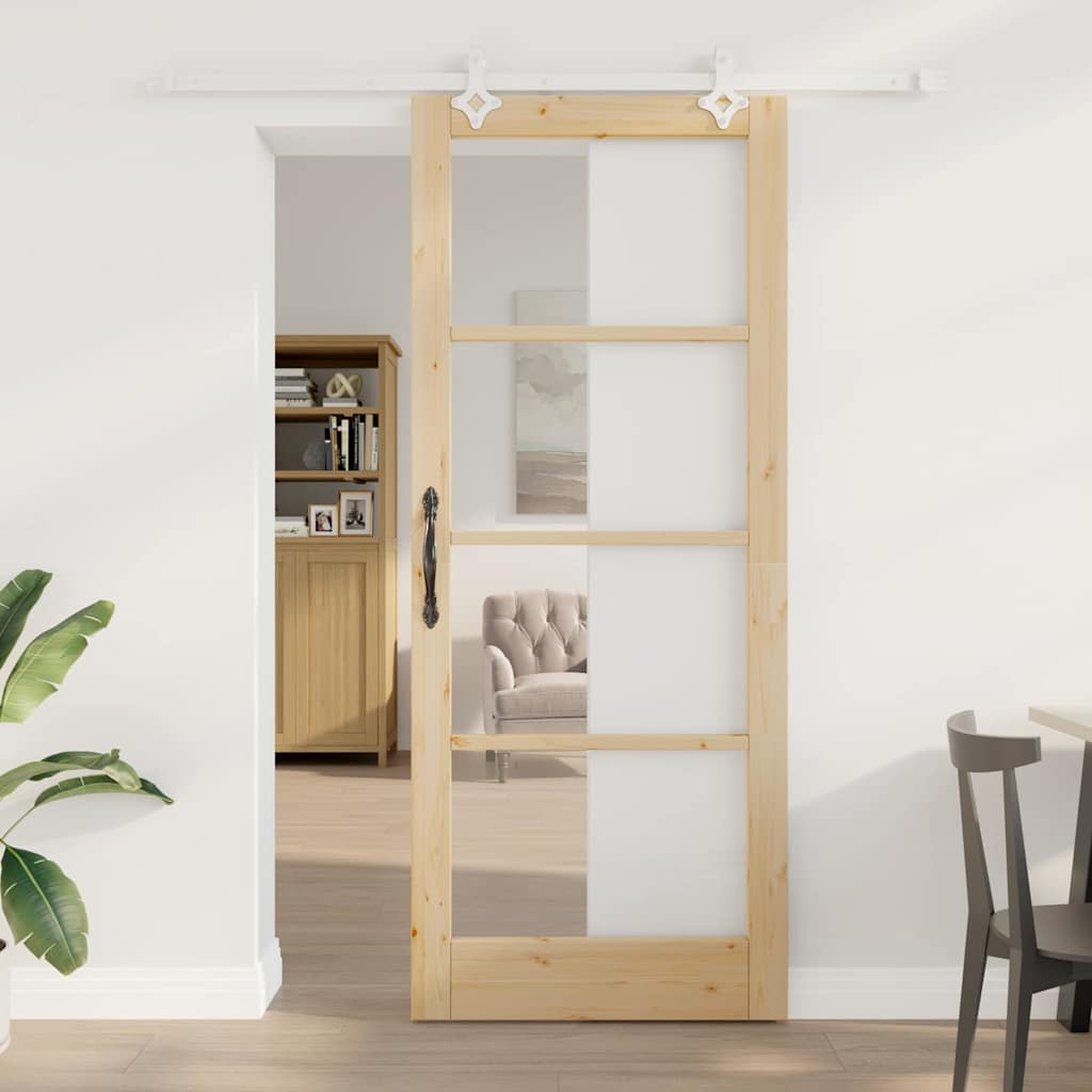 skydedør med beslag sæt 86x211 cm solidt træ fyr, vidaXL indvendig dør med glas 'ORKDAL'86x211x4 cm solidt træ fyr