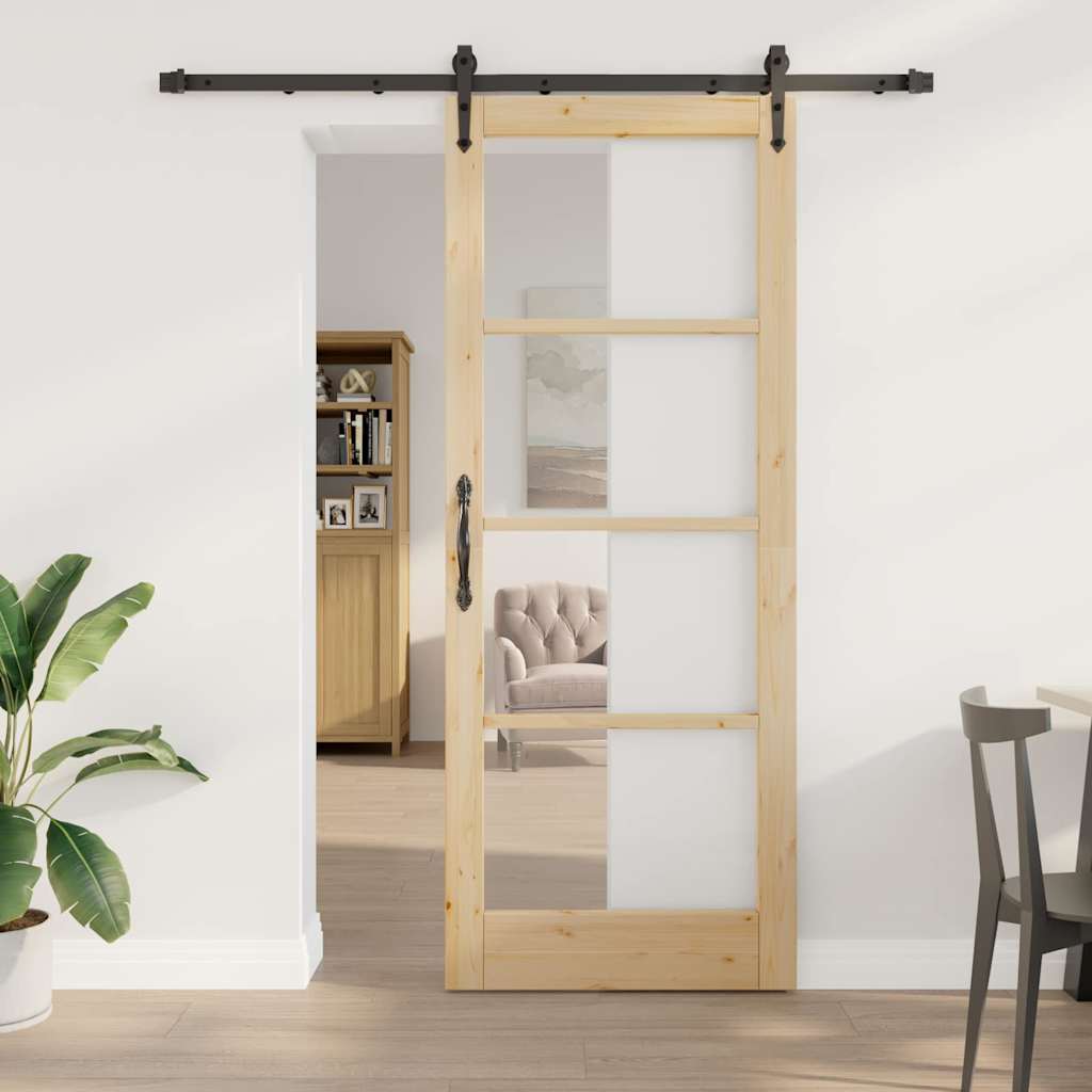 Skydedør med Beslag Sæt 83x211 cm Solid Træ Fyr, vidaXL Indvendig Dør med Glas 'ORKDAL'83x211x4 cm Solid Træ Fyr