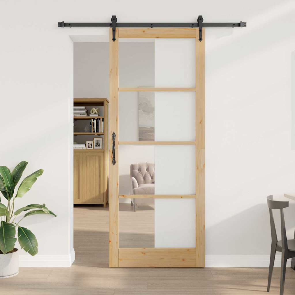 Skydedør med Hardware Sæt 83x232 cm Solid Træ Fyr, vidaXL Indvendig Dør med Glas 'ORKDAL'83x232x4 cm Solid Træ Fyr