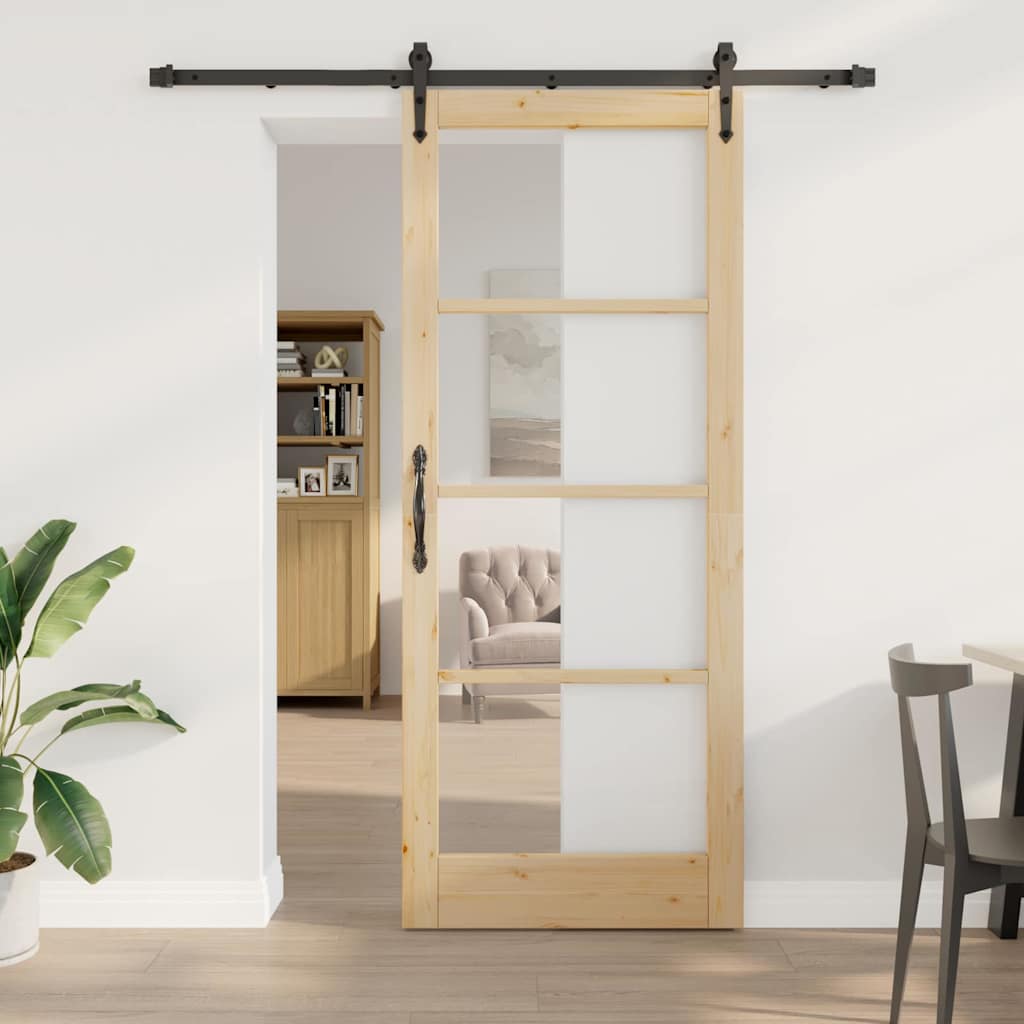 Skydedør med beslag sæt 86x211 cm Massivt træfyr, vidaXL Indvendig dør med glas 'ORKDAL'86x211x4 cm Massivt træfyr