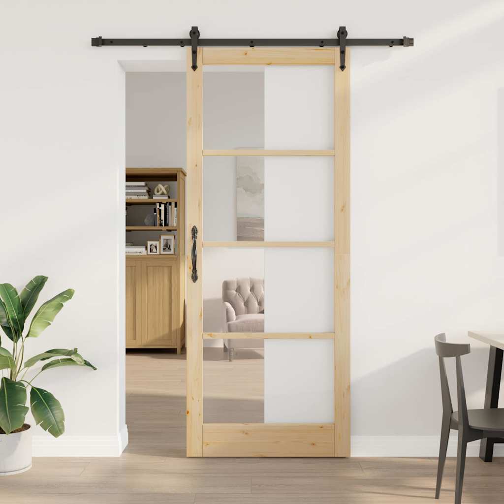 Glidende Dør med Hardware Sæt 93x232 cm Massiv Træ Fyrretræ, vidaXL Indvendig Dør med Glas 'ORKDAL'93x232x4 cm Massiv Træ Fyrretræ