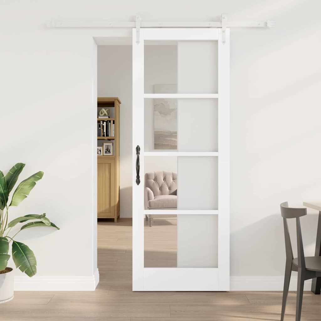 Skydedør med hardware sæt Hvid 78x211 cm Massiv træ Fyr