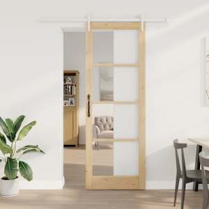 Posuvné dveře Hnědá 83 x 232 cm Masivní borové dřevo a sklo - obrázek 1