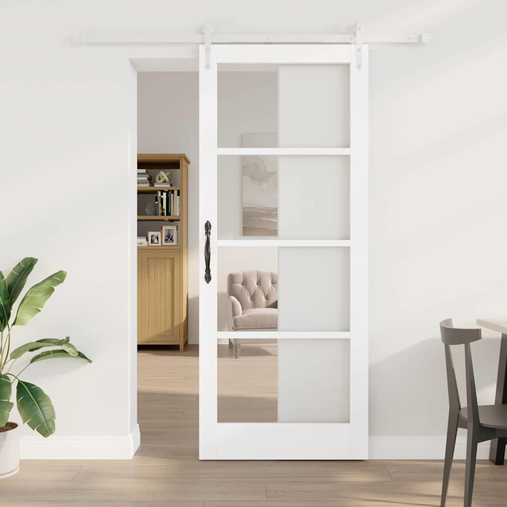 Glidende dør med hardware sæt Hvid 86x211 cm Massiv træ Fyr