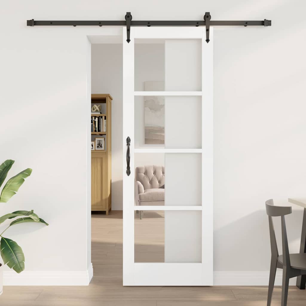 Skydedør med Beslagsæt Hvid 73,5x211 cm Massivt Fyrretræ, vidaXL Indvendig Dør med Glas 'ORKDAL'Hvid 73,5x211x4 cm