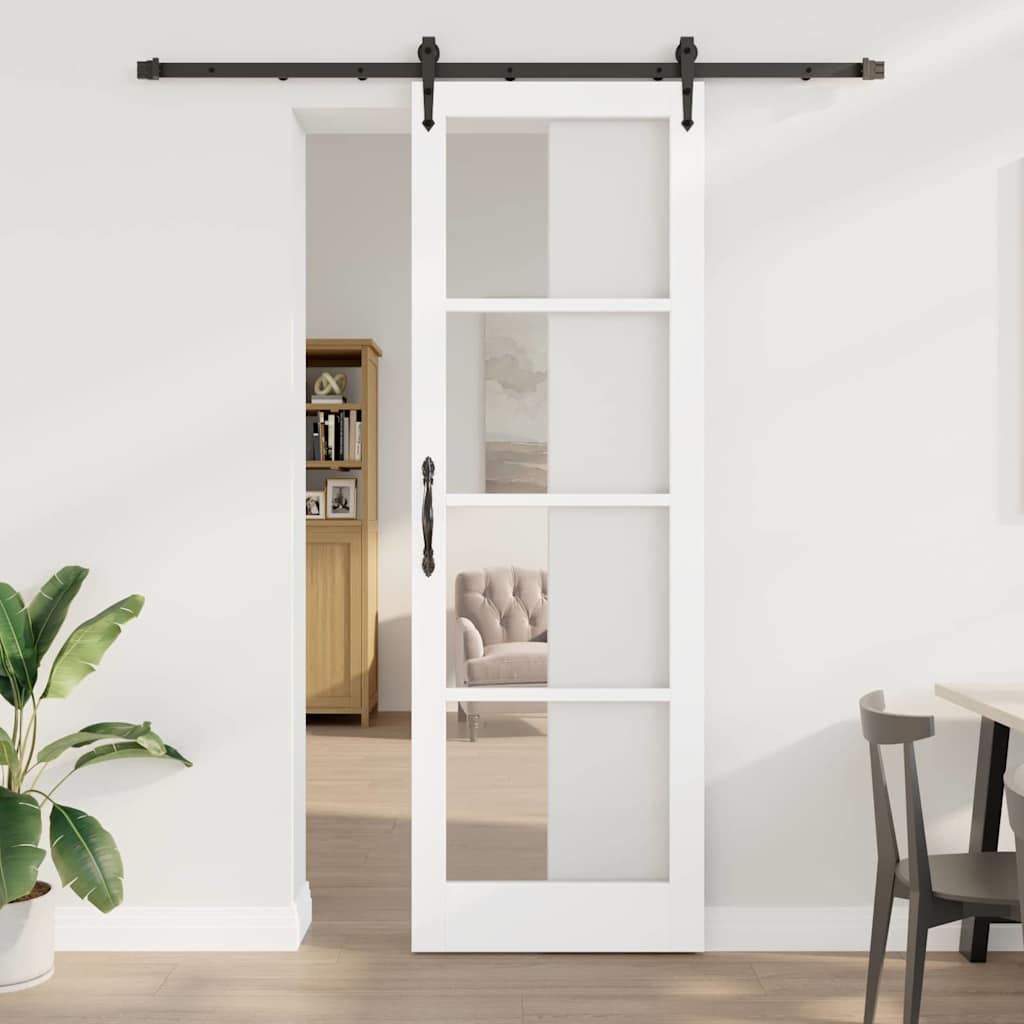 Svingdør med Hardware Sæt Hvid 78x232 cm Massiv Træ Furu, vidaXL Indvendig Dør med Glas 'ORKDAL'Hvid 78x232x4 cm