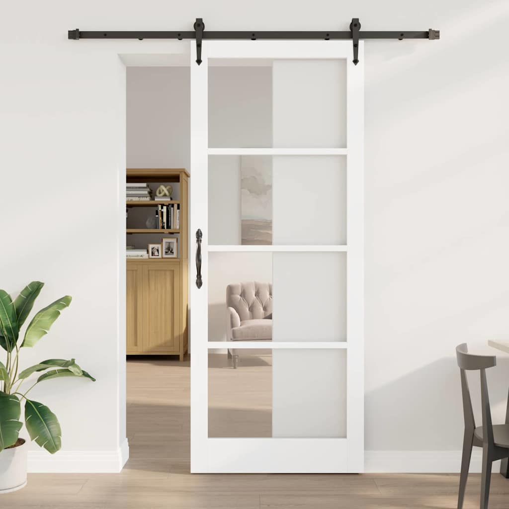 Skydedør med Beslag Sæt Hvid 93x232 cm Massivt Fyrretræ, vidaXL Indvendig Dør med Glas 'ORKDAL'Hvid 93x232x4 cm