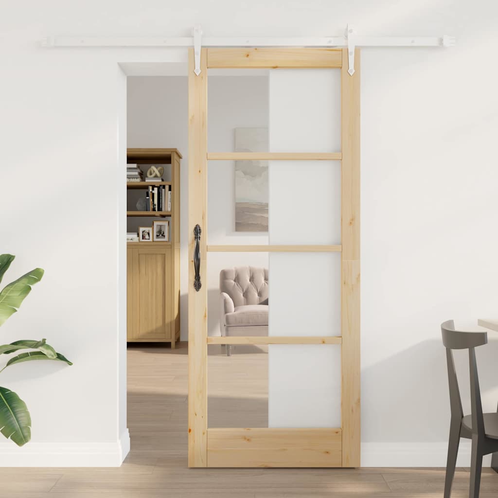 Skydedør med Tilbehørs Sæt 83x202 cm Solid Fyrretræ, vidaXL Indendørs Dør med Glas 'ORKDAL'83x202x4 cm Solid Fyrretræ