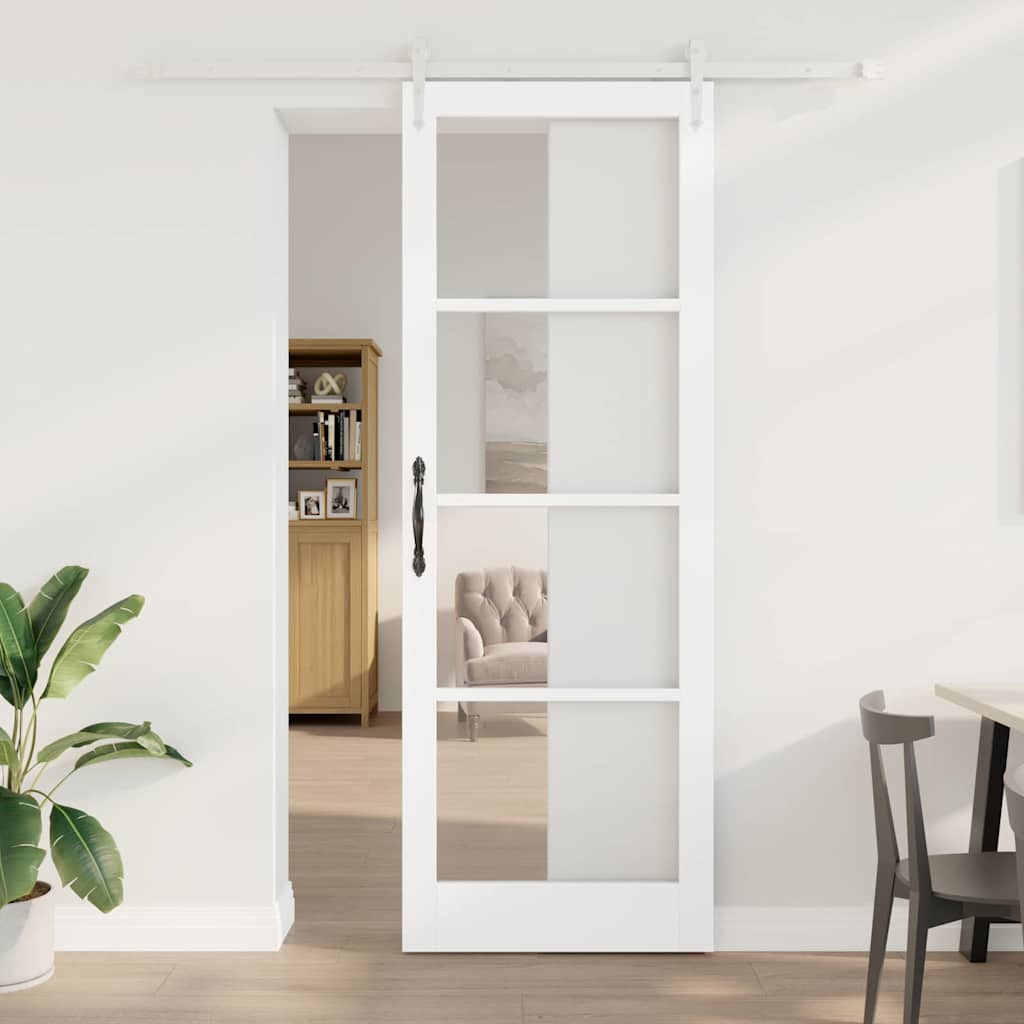 Skydedør med Beslag Sæt Hvid 83x232 cm Massivt Træ Fyr, vidaXL Indvendig Dør med Glas 'ORKDAL'Hvid 83x232x4 cm