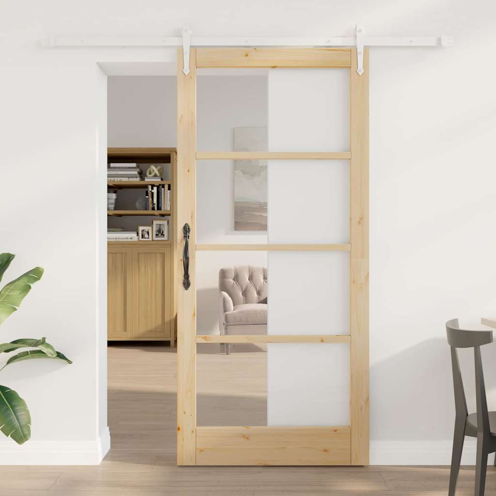 Glide Dør med Hardware Sæt 93x202 cm Solid Træ Fyr, vidaXL Indre Dør med Glas 'ORKDAL'93x202x4 cm Solid Træ Fyr