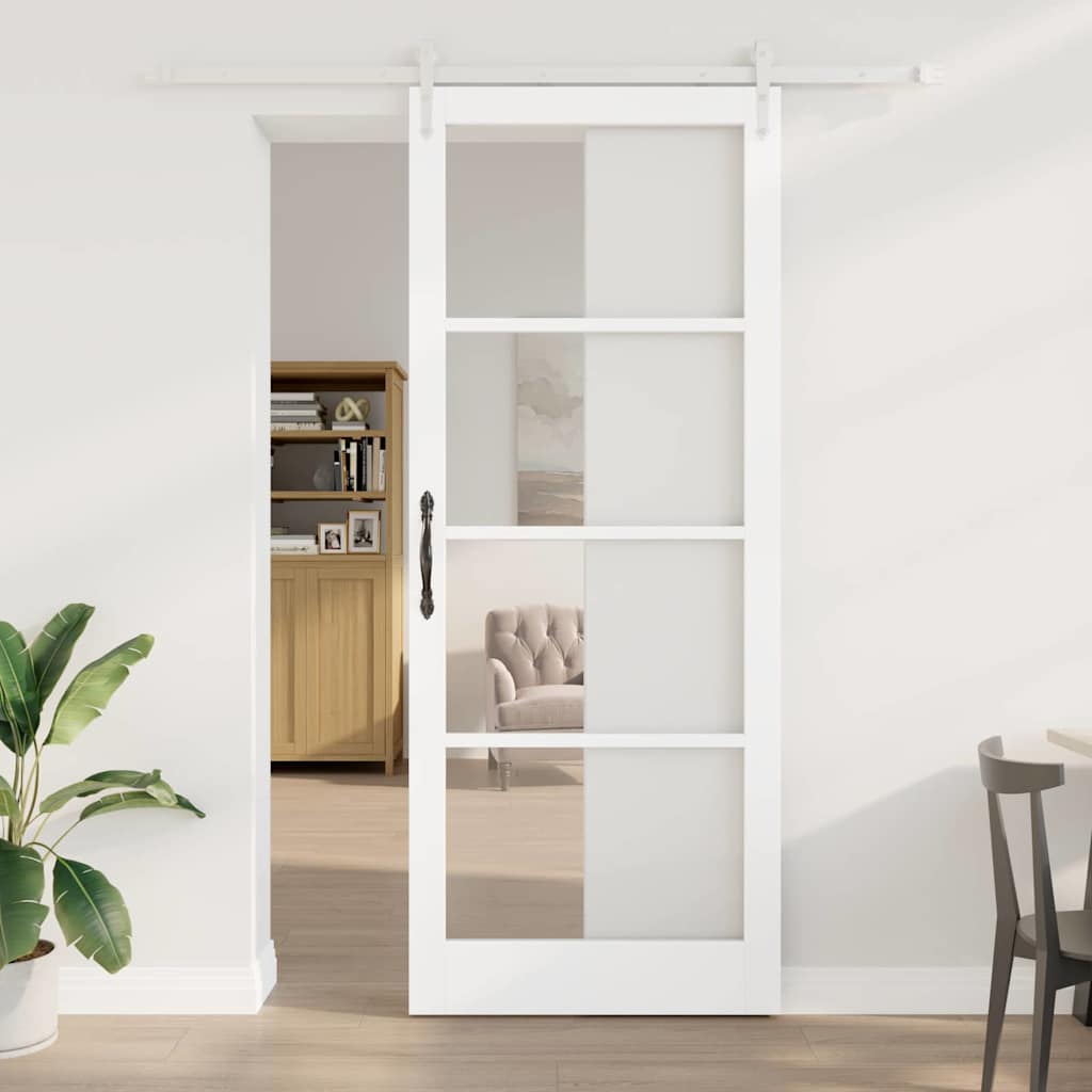 Skydedør med Beslag Sæt Hvid 93x232 cm Massiv Træ Fyr, vidaXL Indendørs Dør med Glas 'ORKDAL'Hvid 93x232x4 cm