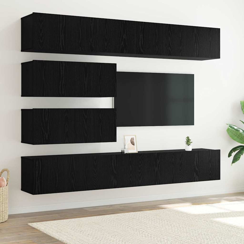 6-teiliges TV-Schrank Set wandmontiertes schwarzes Eichenholz Spielholz