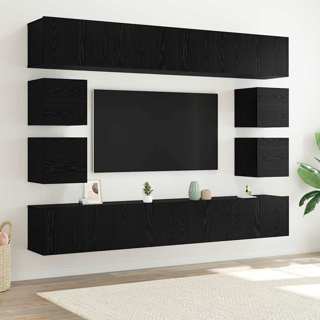 8-teiliges TV-Schrank-Set – Wandmontage, Schwarz eiche Holzwerkstoff