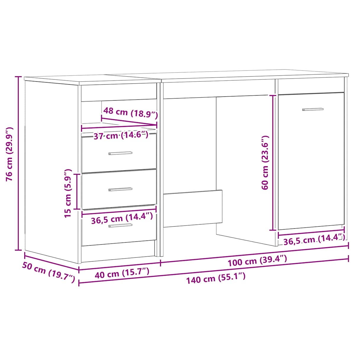 Bord med skuffe 2 stk. 140 x 50 x 76 cm Konstrueret træ - Billede 7