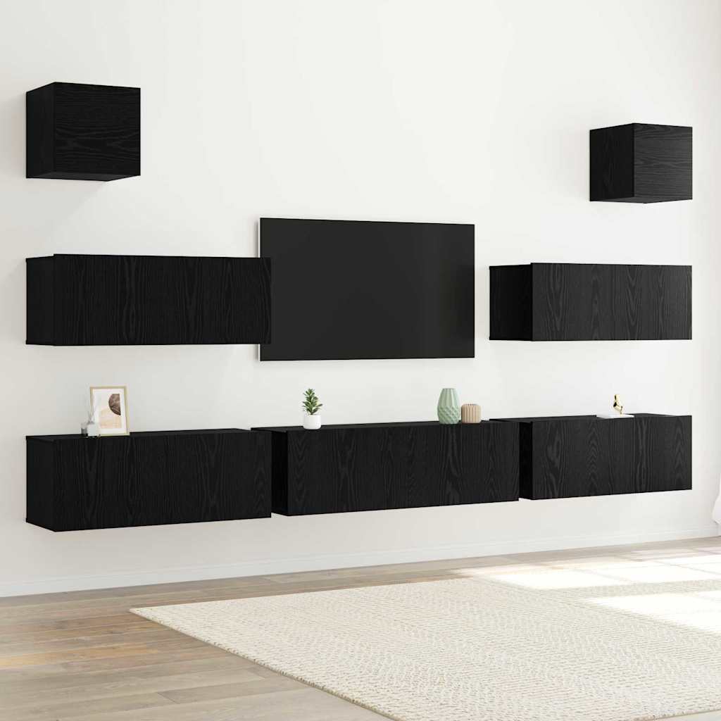 7-teiliger wandmontierter TV-Schrank Schwarz Eiche Holzwerkstoff