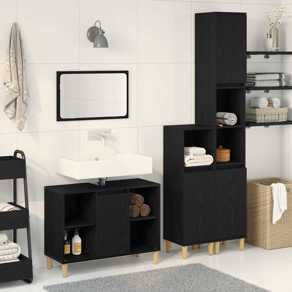 3 Stk Badeværelsesmøbel sæt Sort egetræ Konstrueret træ, vidaXL Badeværelseskab Sort egetræ 30x30x190 cm Konstrueret træ, vidaXL Badeværelseskab Sort egetræ 30x30x100 cm Konstrueret træ
