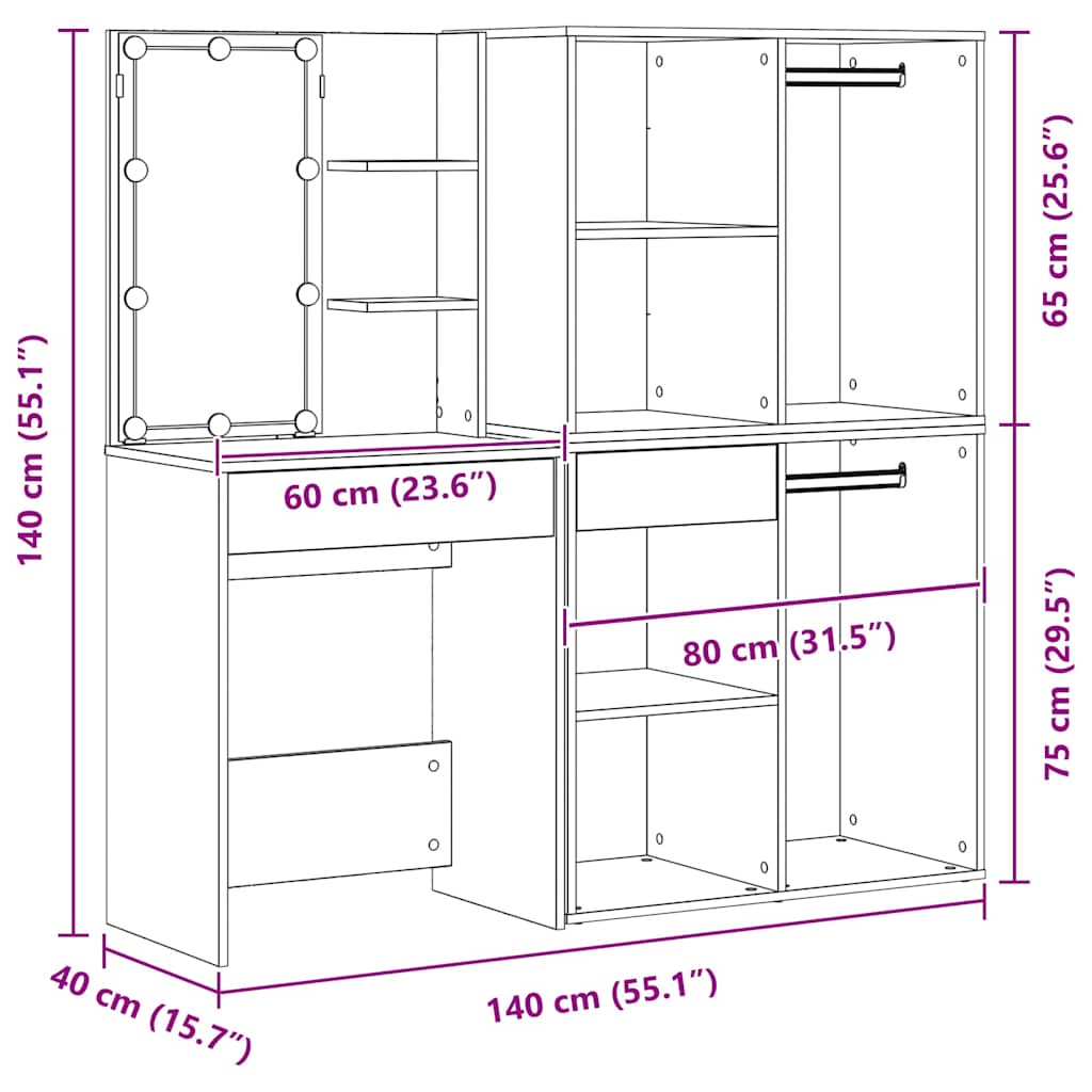 LED Toaletní stolek Set se zásuvkou Černý dub 140 x 40 x 140 cm - obrázek 20