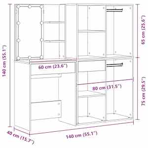 LED Toaletní stolek Set se zásuvkou Černý dub 140 x 40 x 140 cm - obrázek 20