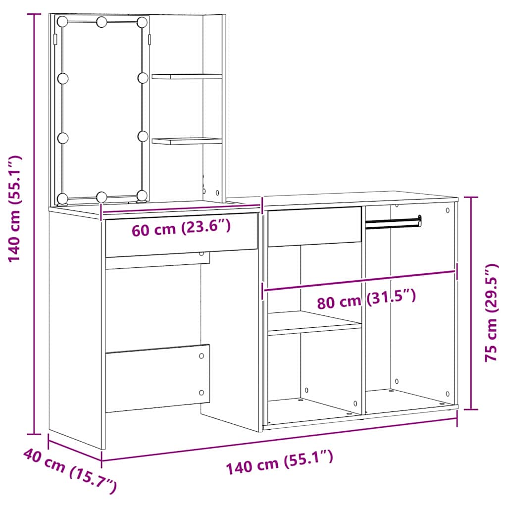 LED Toaletní stolek Set se zásuvkou Černý dub 140 x 40 x 140 cm - obrázek 19