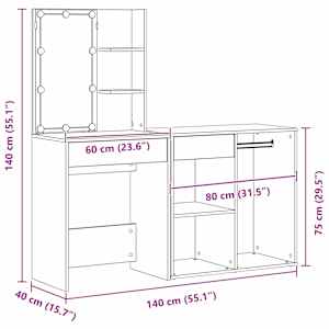 LED Toaletní stolek Set se zásuvkou Černý dub 140 x 40 x 140 cm - obrázek 19
