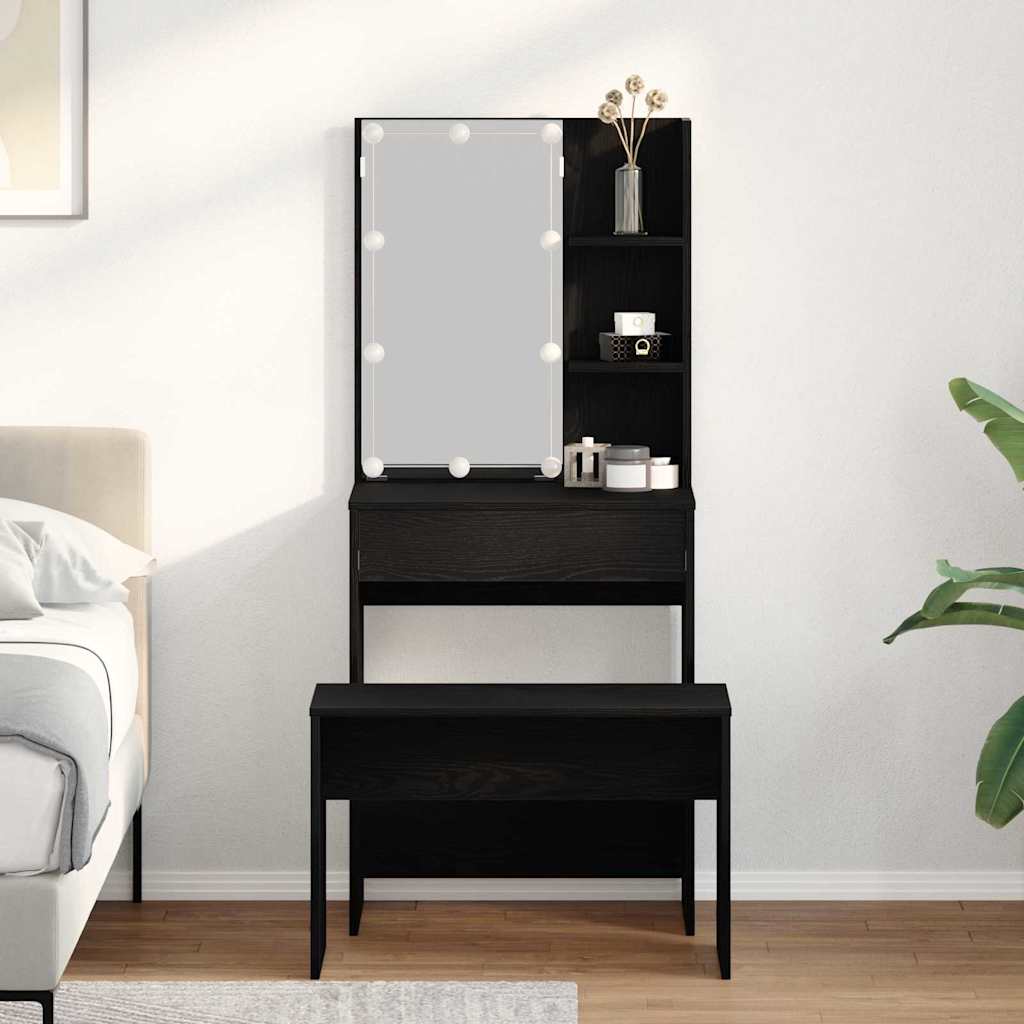Dressing Table Set med LED Sort Eg Konstrueret Træ, vidaXL LED Dressing Table i Sort Eg, 60x40x140 cm, Lavet af Konstrueret Træ, vidaXL Dressing Stool Sort Eg 70x35x45 cm Konstrueret Træ