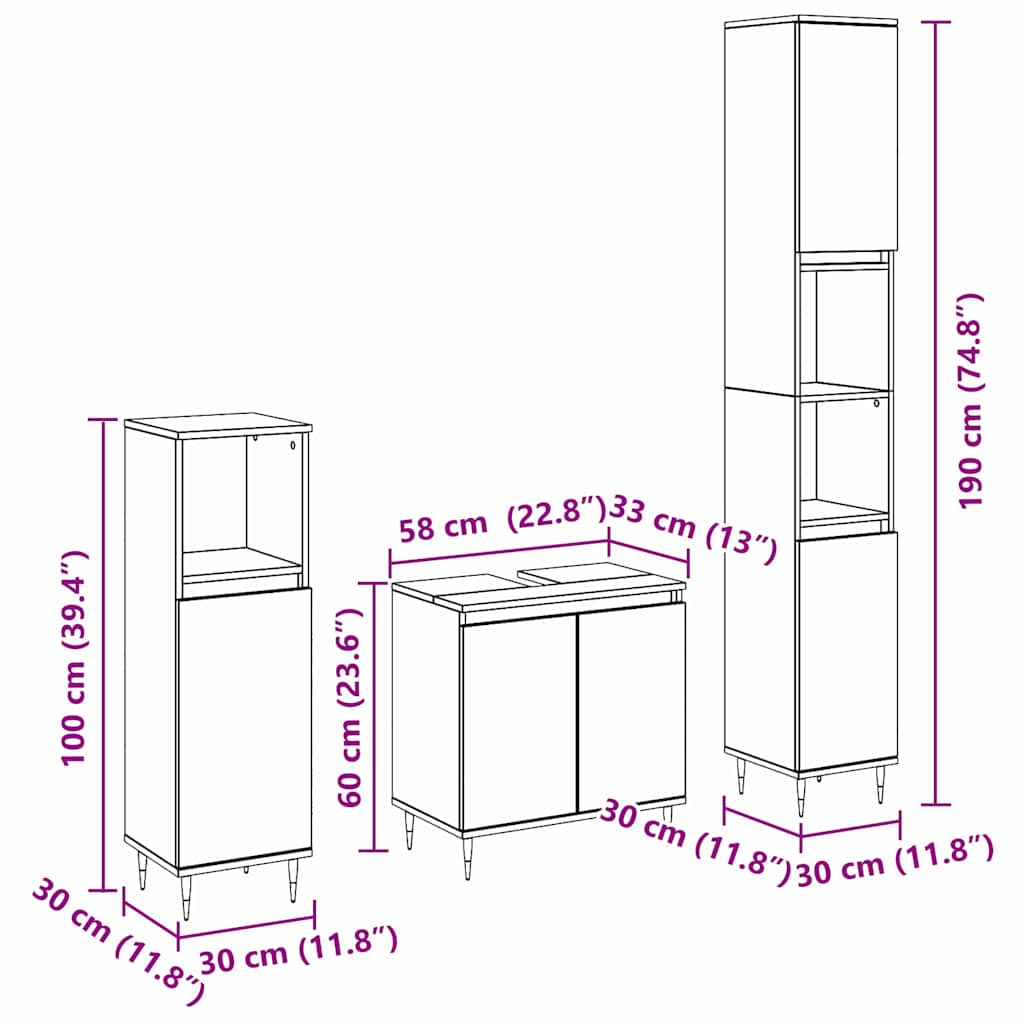 Sada koupelnového nábytku 3 pcs Černý dub 30 x 30 x 190 cm - obrázek 15