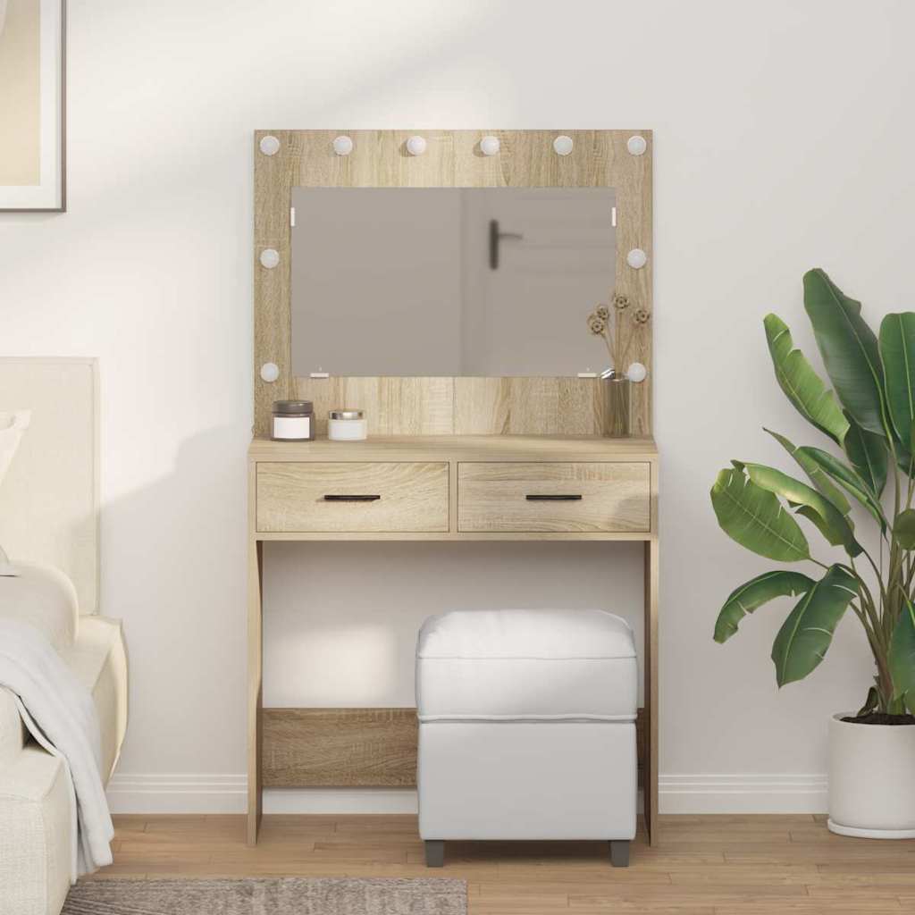 Makeupbord med LED-lys Sonoma egetræ 78.5x41x135 cm