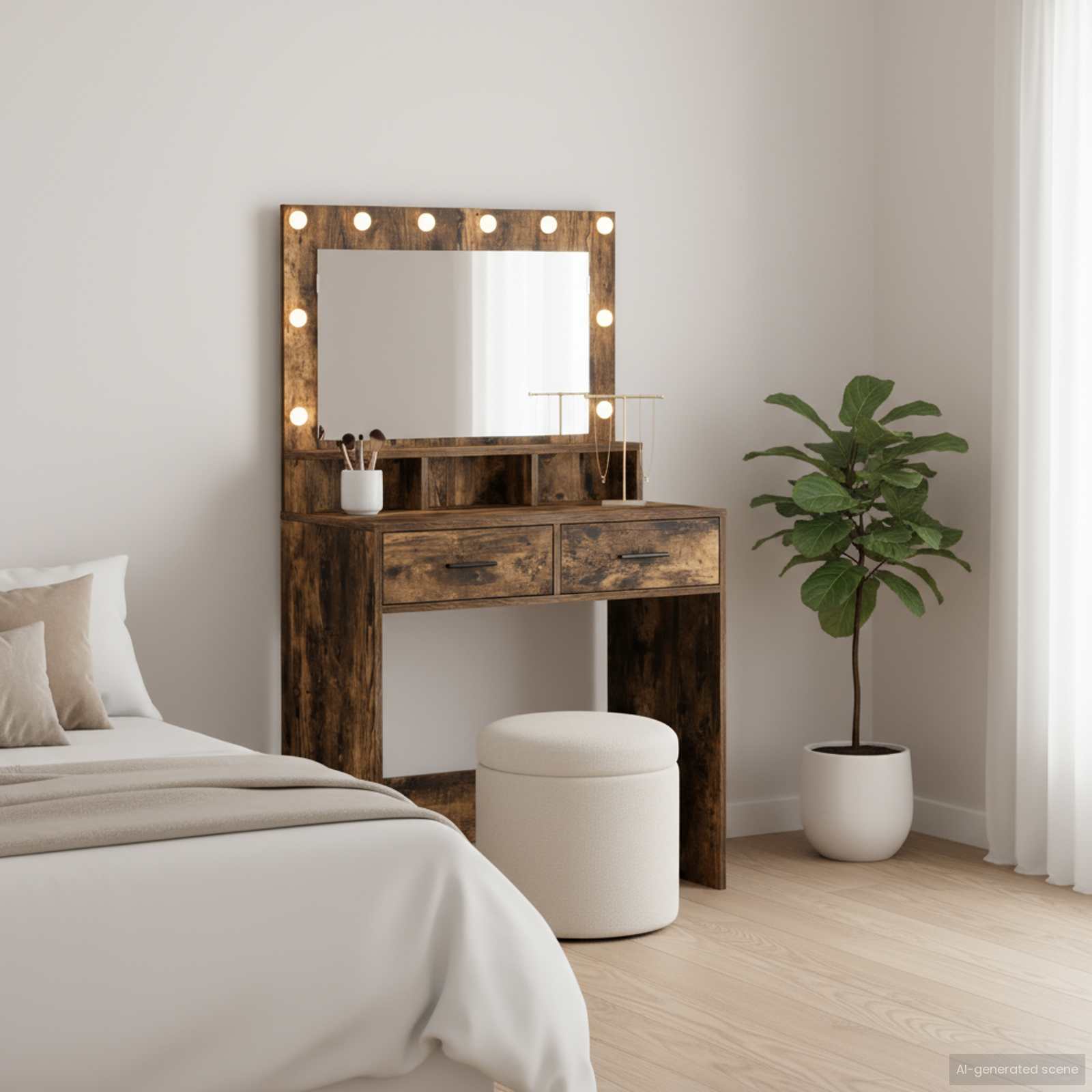 Smykkebord med LED-lys i røget eg, 79x41x135 cm