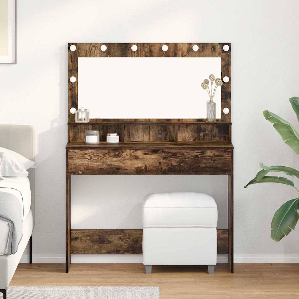 Makeupbord med LED-lys Røget Eg 100x41x135 cm