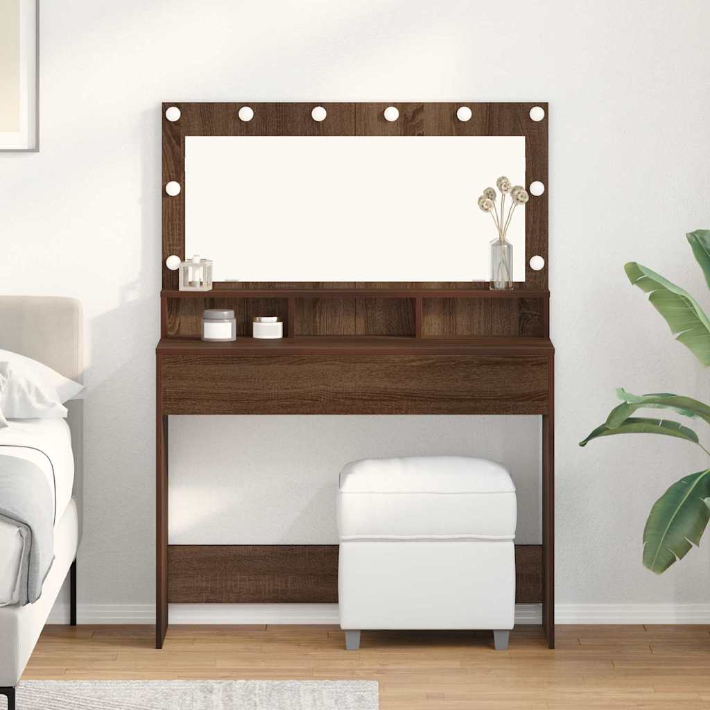 Makeupbord med LED-lys i brun eg, 100x41x135 cm
