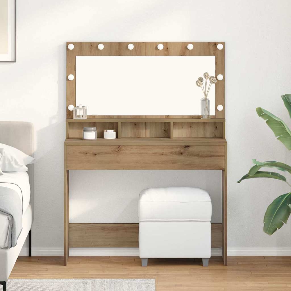 Makeupbord med LED Lys i Artisan Egetræ, 100x41x135 cm