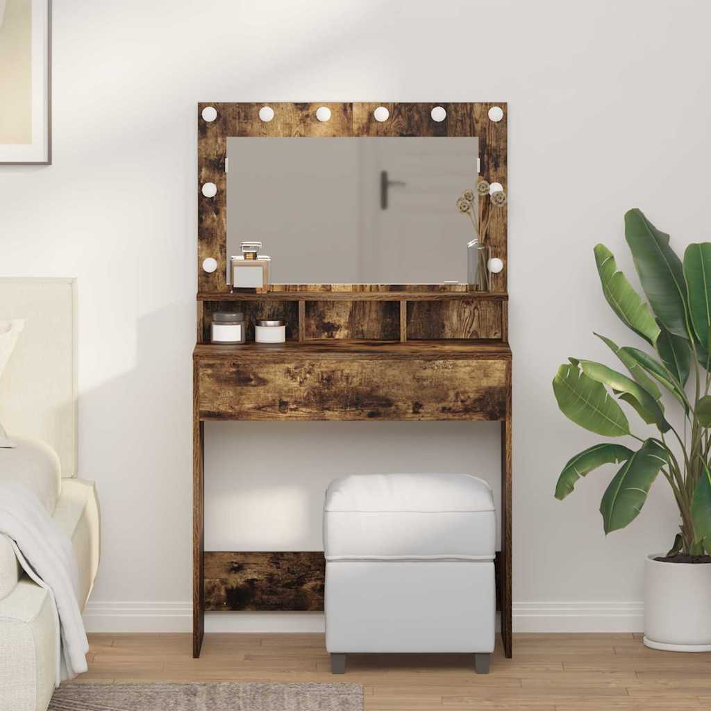 Makeupbord med LED-lys i Røget Eg 79x41x135 cm