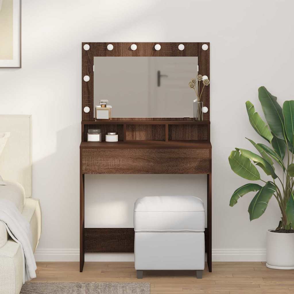 Make-upbord med LED Lys, Brun Eg, 79x41x135 cm