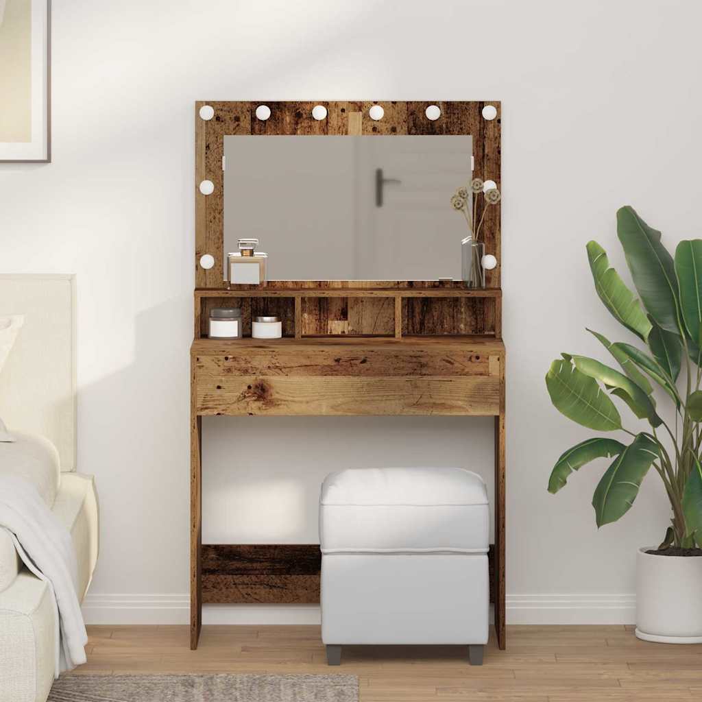 Makeupbord med LED-lys - Gammelt træ 79x41x135 cm