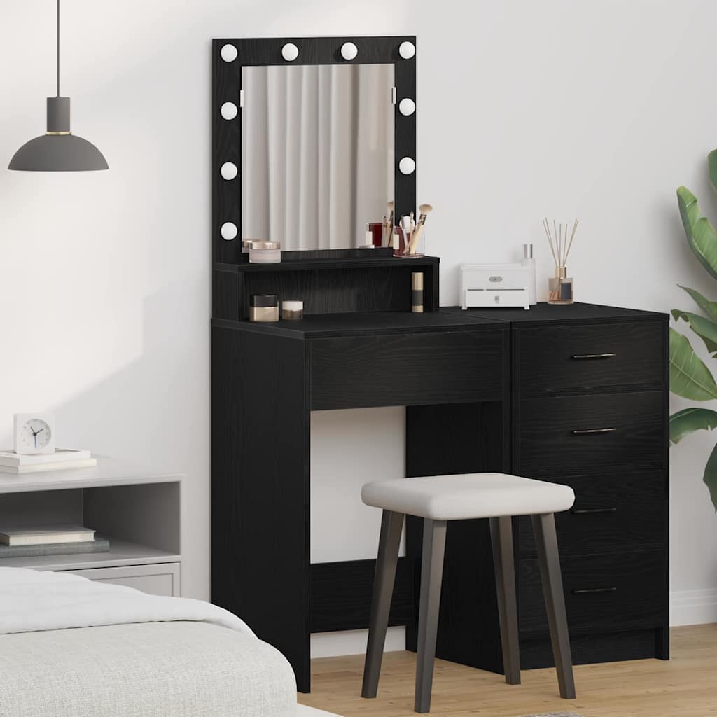Makeupbord med LED-lys i Sort Eg, 50x41x135 cm