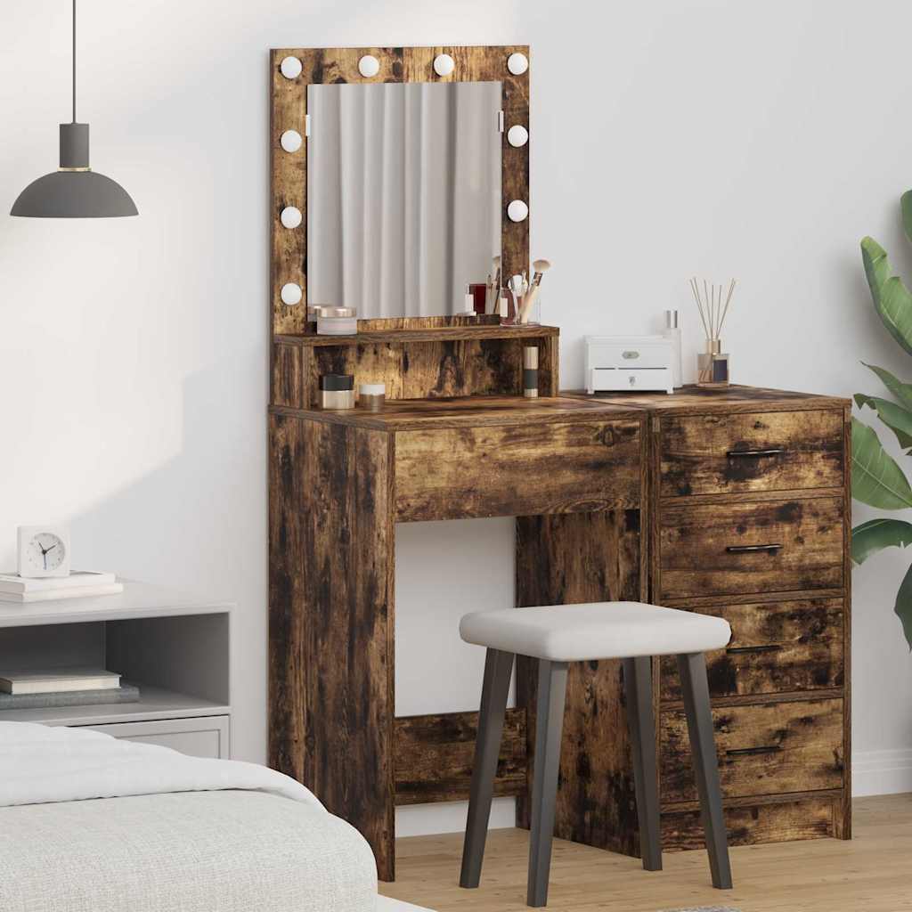 Make-upbord med LED-lys i røget eg 50x41x135 cm