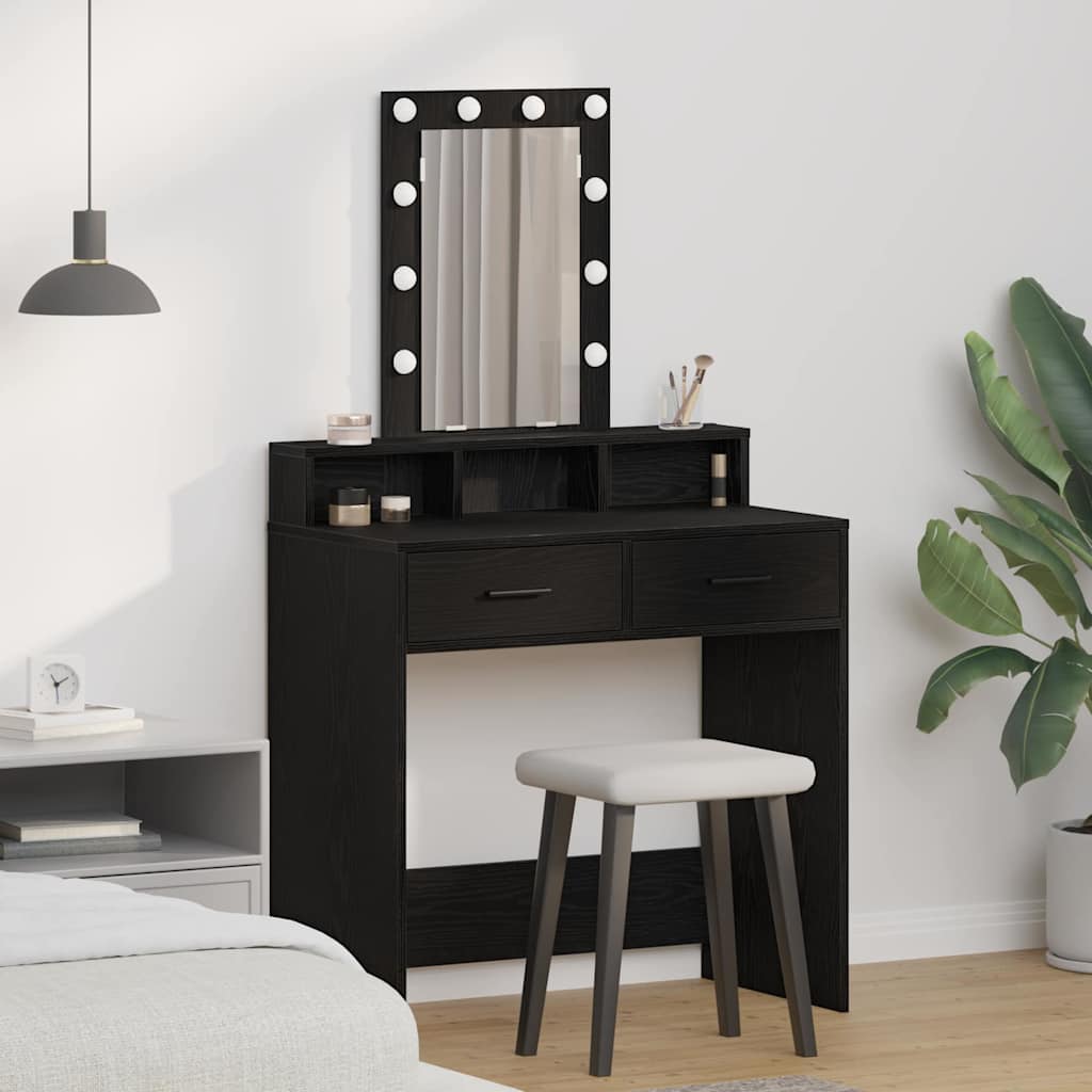 Makeupbord med LED-lys i sort egetræ, 79x41x140 cm