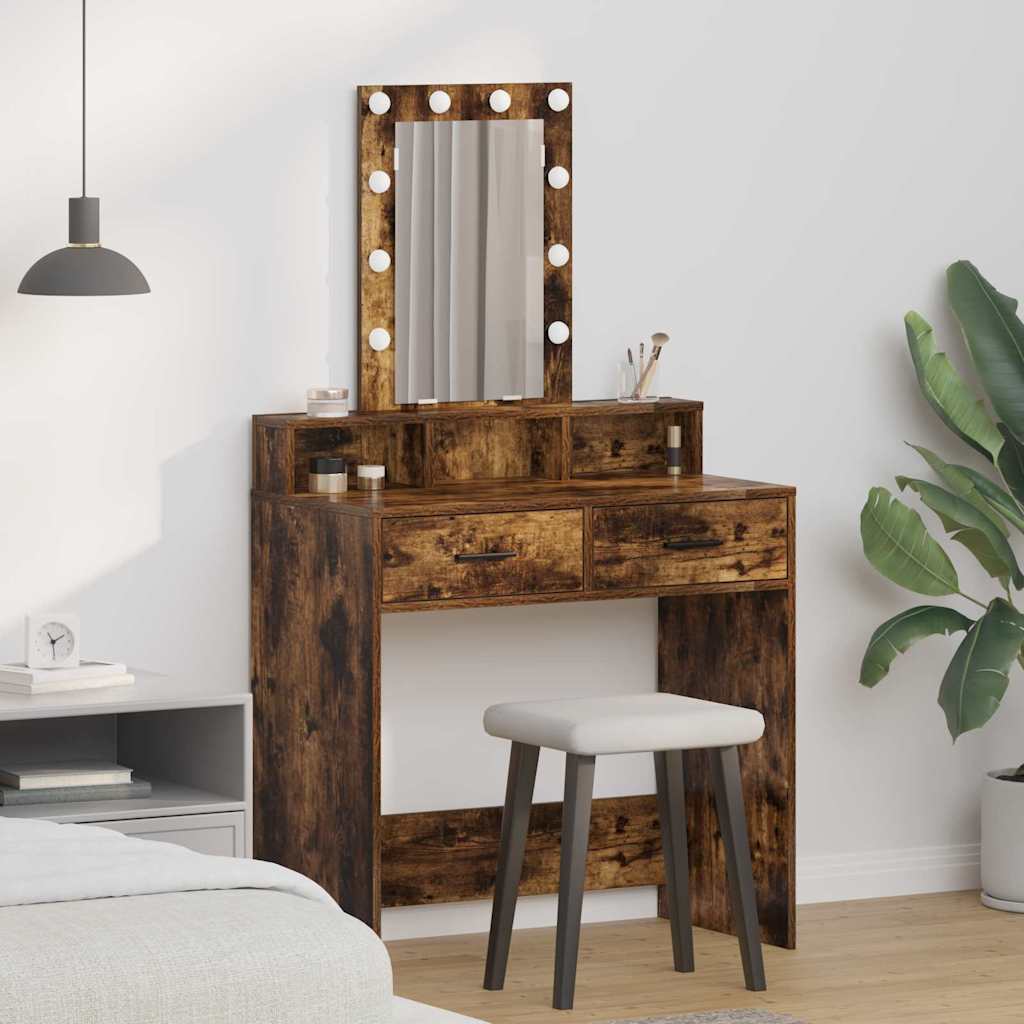 Makeupbord med LED-lys, Røget Eg, 79x41x140 cm