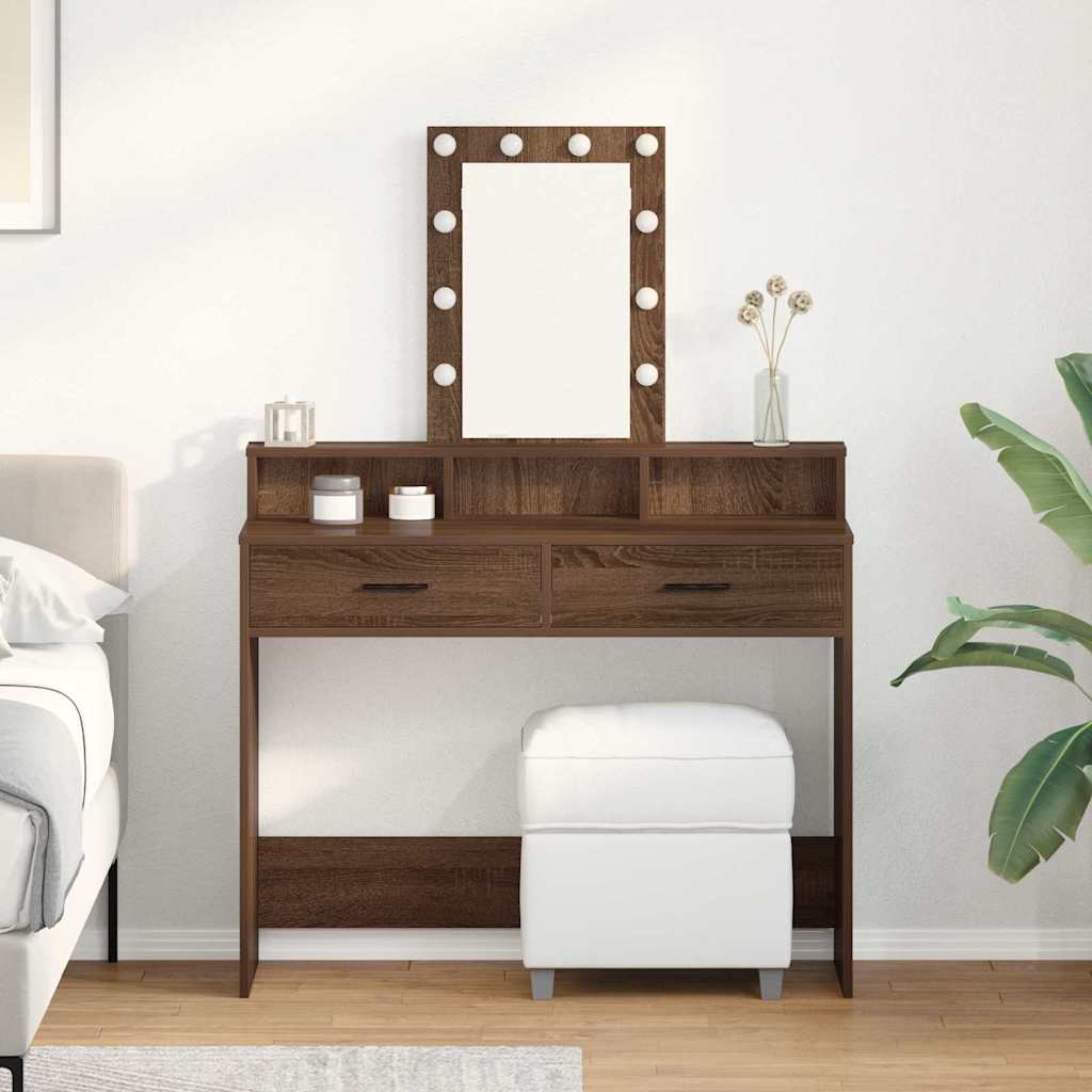 Smykkebord med LED-lys i brun eg 100x41x140 cm