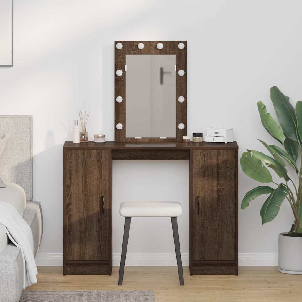 Dressing Table med LED Lys Brun Eg 102x33x135 cm