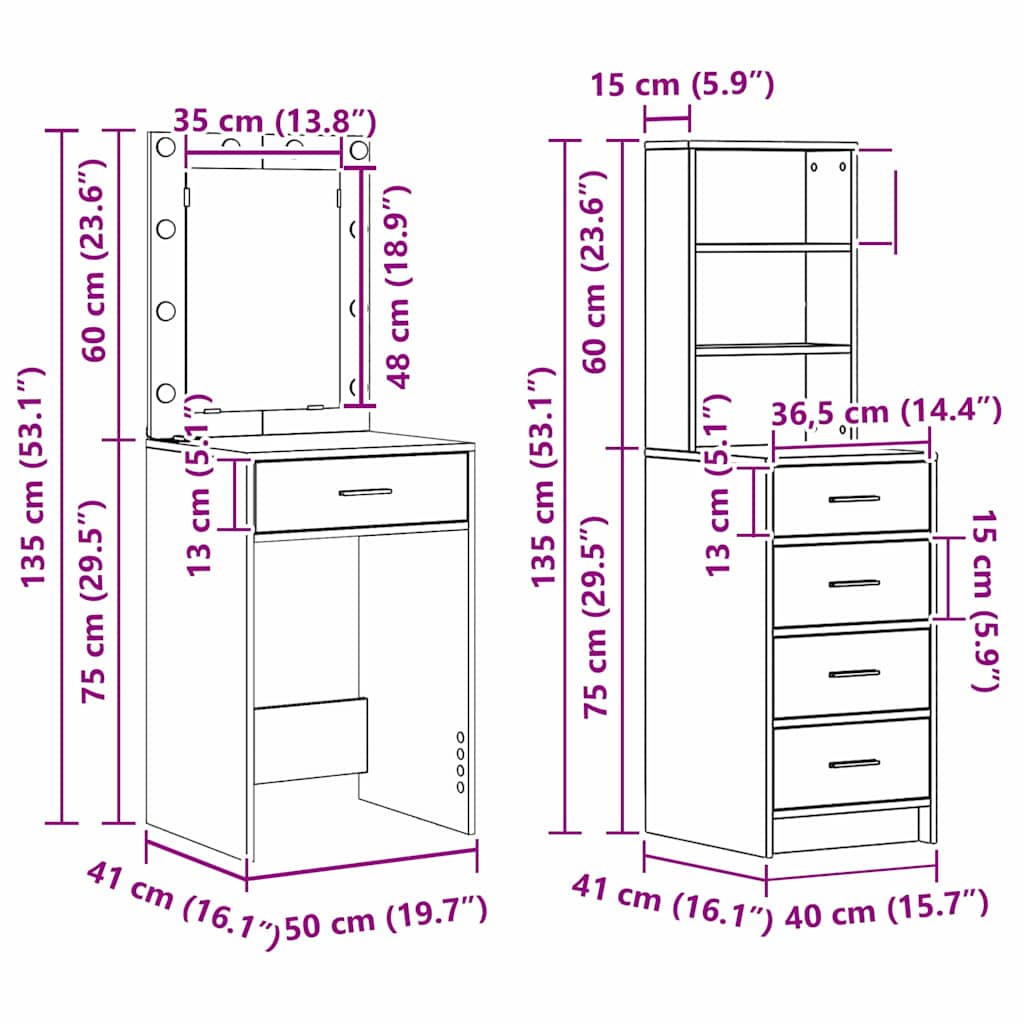 Kosmetický stůl 2 pcs Hnědá 50 x 41 x 135 cm Kompozitní dřevo - obrázek 14