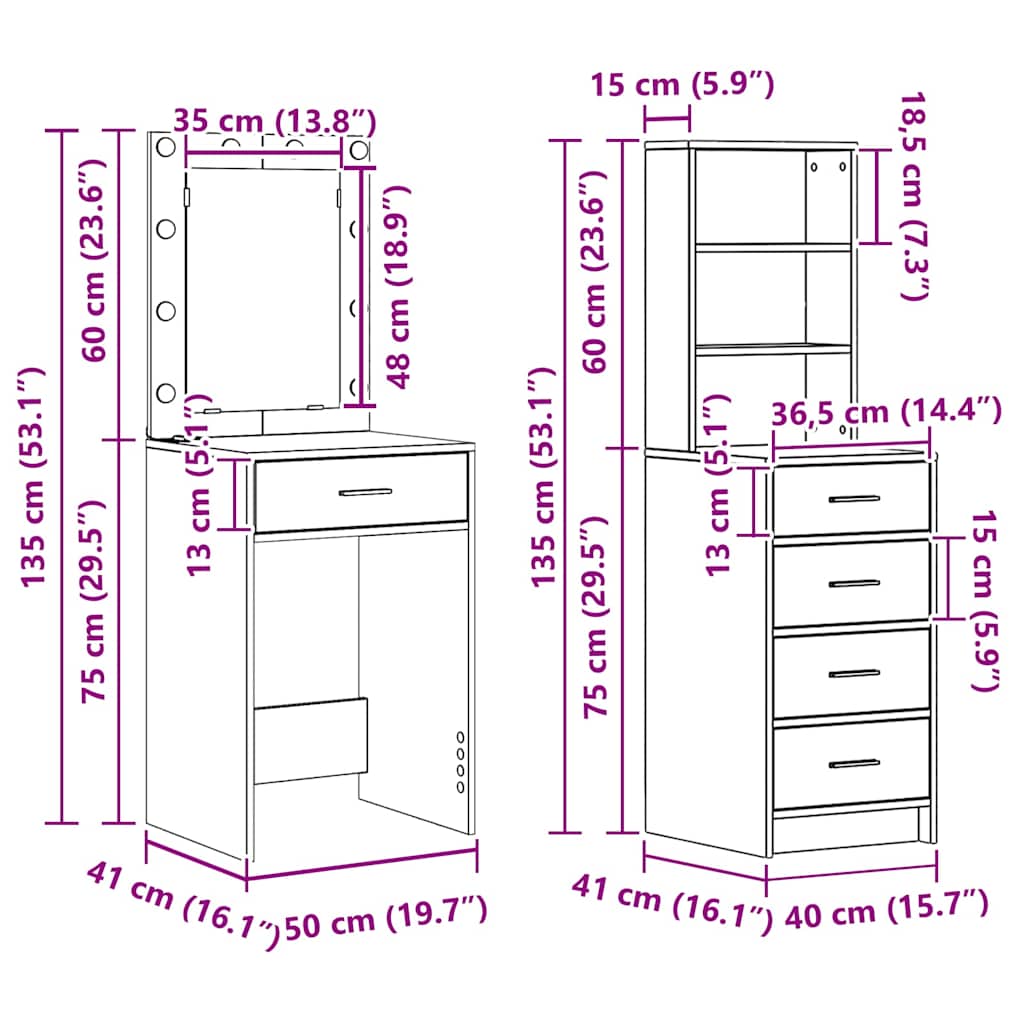 Kosmetický stůl 2 pcs Šedá 50 x 41 x 135 cm Kompozitní dřevo - obrázek 14