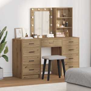 Toaletna mizica z zrcalnimi lučmi 3 pcs Rjava Konstruiran les