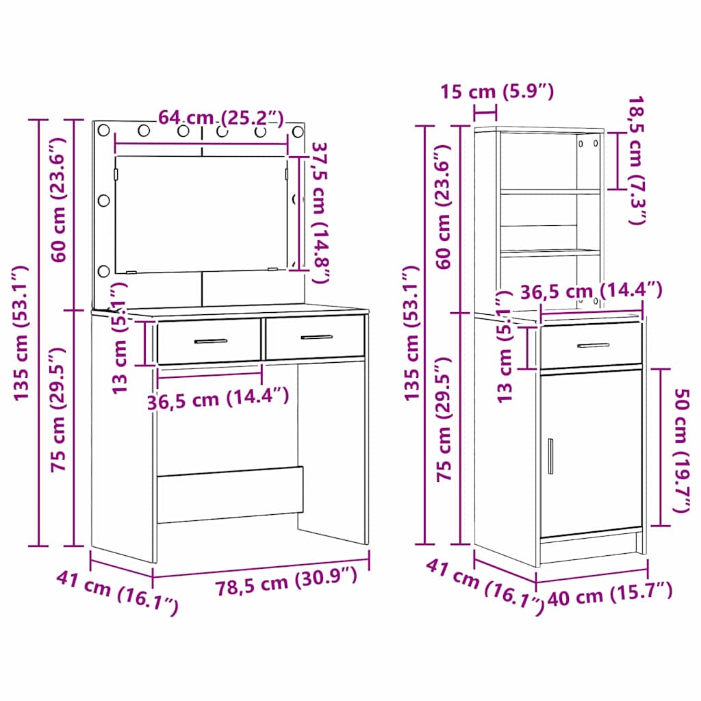 Sada toaletního stolku s LED 3 pcs Černý dub kompozitní dřevo - obrázek 16